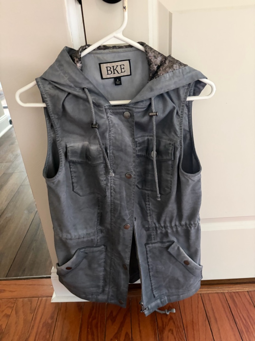 BKE Hooded Sleeveless Utility Vest in Gray Blue